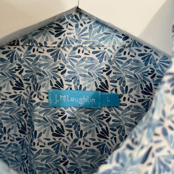 J. McLaughlin Mens Blue Leaf Print Long Sleeve Button-Up Shirt Large Stretch - Picture 3 of 9